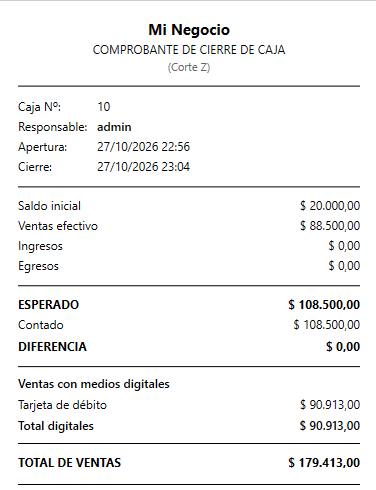 Comprobante de cierre de caja con saldo inicial, ventas, esperado, contado y diferencia