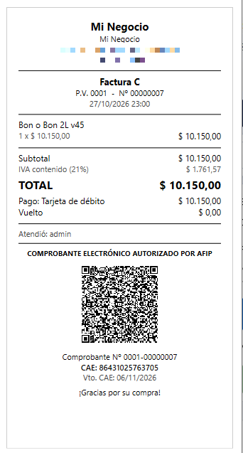 Factura C electrónica con CAE y código QR de AFIP